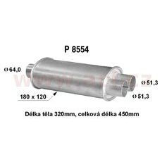 UNIVERZÁLNÍ TLUMIČ PLOCHÝ (TR. VNITŘ. 64 MM, D=45 CM) (TĚLO 18X12 CM, D=32 CM) - JEDNA STRANA 2X VÝVOD VNITŘ. PR. 51,3 F