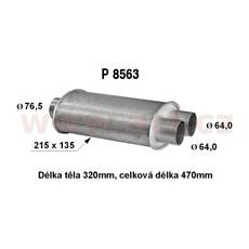 UNIVERZÁLNÍ TLUMIČ PLOCHÝ (TRUBKA 76,5 MM, DÉLKA 47 CM) (TĚLO 21,5X13,5 CM, DÉLKA 32 CM) - JEDNA STRANA 2X VÝVOD PRŮMĚR 64 MM FENN