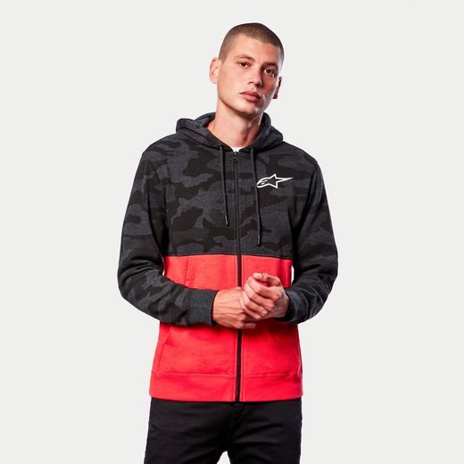 MIKINA CAMO BLOCK HOODIE, ALPINESTARS (ŠEDÁ CAMO/ČERVENÁ FLUO)