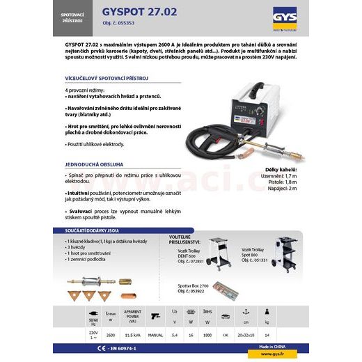 SPOTOVAČKA - BODOVACÍ STROJ GYSPOT 27.02, S MANUÁLNÍ PISTOLÍ, 230 V