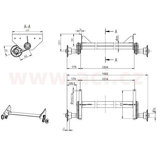 NÁPRAVA KNOTT G 13 (1350 KG) ROZTEČ PATEK 1214 MM, VYSOKÉ PATKY (SACHER) (5X112) ORIGINÁL