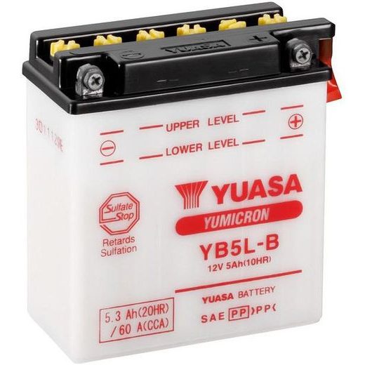 MOTOBATÉRIE 12V, YB5L-B, 5,3AH, 60A, KONVENČNÉ YUMICRON 121X61X131, YUASA ORIGINÁL (VR. BALENIE ELEKTROLYTU)