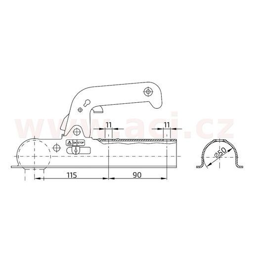 TAŽNÁ SPOJKA WINTERHOFF 8-A, NA TYČ PRŮMĚR 50 MM, 800 KG PRO NEBRŽDĚNÉ PŘÍVĚSY ORIGINÁL