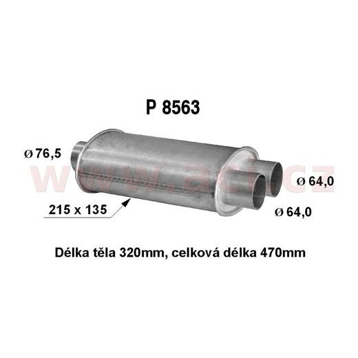 UNIVERZÁLNÍ TLUMIČ PLOCHÝ (TRUBKA 76,5 MM, DÉLKA 47 CM) (TĚLO 21,5X13,5 CM, DÉLKA 32 CM) - JEDNA STRANA 2X VÝVOD PRŮMĚR 64 MM FENN