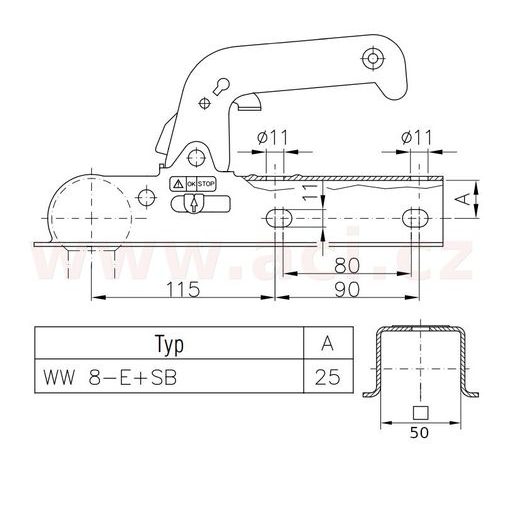 TAŽNÁ SPOJKA WINTERHOFF 8-E, NA ČTYŘHRAN 50X50 MM, 800 KG PRO NEBRŽDĚNÉ PŘÍVĚSY ORIGINÁL