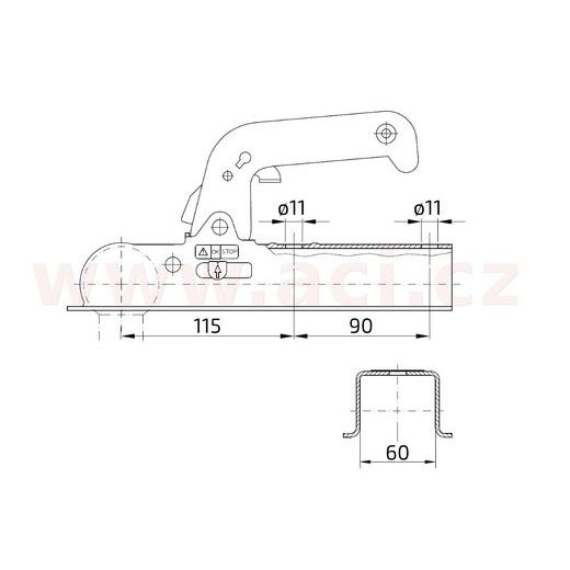 TAŽNÁ SPOJKA WINTERHOFF 8-G NA ČTYŘHRAN 60X60 MM, 800 KG PRO NEBRŽDĚNÉ PŘÍVĚSY ORIGINÁL