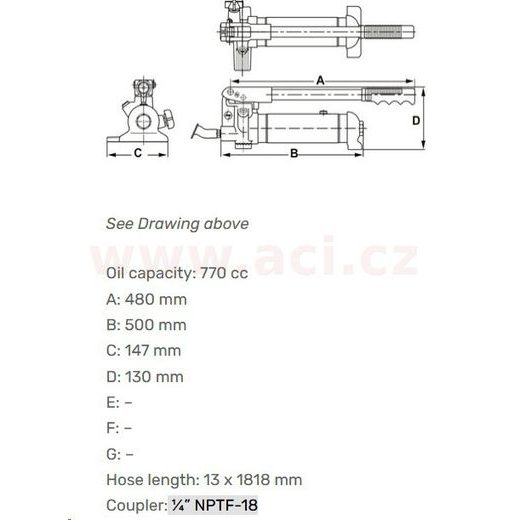 HYDRAULICKÁ PUMPA 4 T/700 BAR, DÉLKA HADICE 1.8 M, VNĚJŠÍ ZAVIT 1/4” NPTF-18