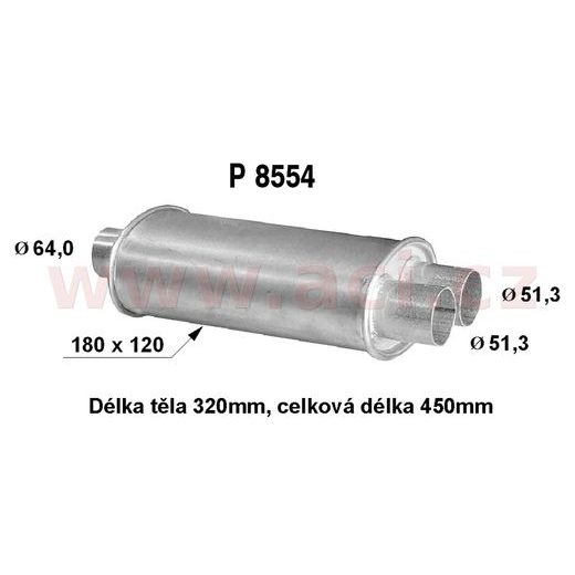 UNIVERZÁLNÍ TLUMIČ PLOCHÝ (TR. VNITŘ. 64 MM, D=45 CM) (TĚLO 18X12 CM, D=32 CM) - JEDNA STRANA 2X VÝVOD VNITŘ. PR. 51,3 F