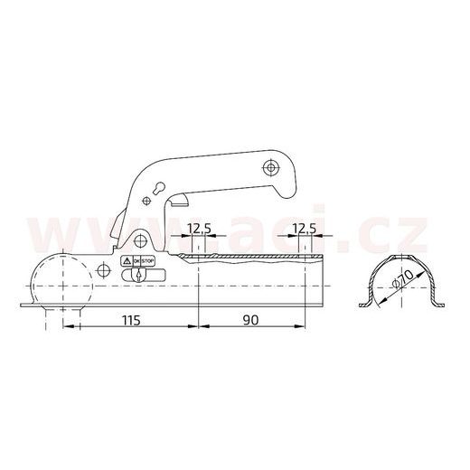 TAŽNÁ SPOJKA WINTERHOFF 8-C, NA TYČ PRŮMĚR 70 MM, 800 KG PRO NEBRŽDĚNÉ PŘÍVĚSY ORIGINÁL