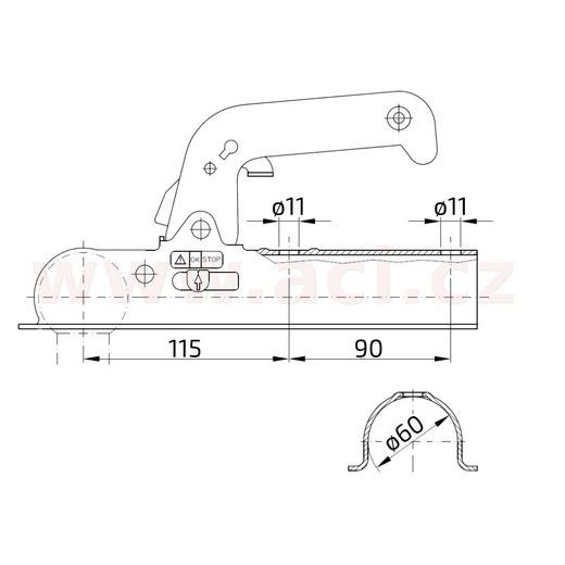 TAŽNÁ SPOJKA WINTERHOFF 8-B, NA TYČ PRŮMĚR 60 MM, 800 KG PRO NEBRŽDĚNÉ PŘÍVĚSY ORIGINÁL