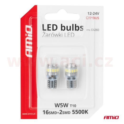 LED 12/24V 16XSMD 3014 + 2XSMD 3030 BÍLÁ 5500K (PATICE W2,1×9,5D/T10) CAN-BUS SADA 2 KS