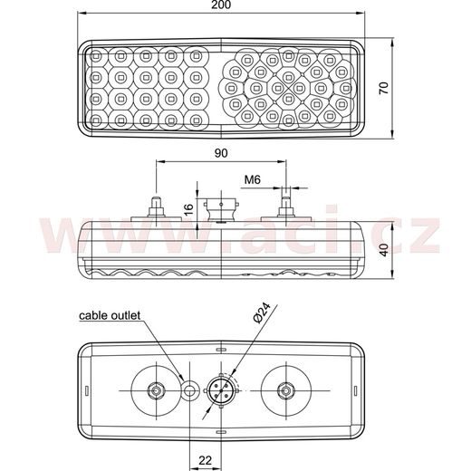 ZADNÍ SVĚTLO LED 200X70 MM KABEL 1 M, L=P