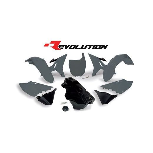 SADA PLASTOV YAMAHA - REVOLUTION KIT PRE YZ 125/250 02-21, RTECH (LIMIT. EDÍCIA QUANTUM GREY, ŠEDO-ČERNÁ, 5 DIELOV, VR. NÁDRŽE