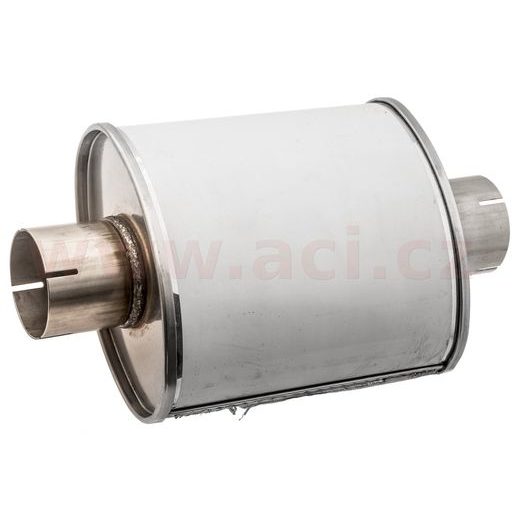 UNIVERZÁLNÍ TLUMIČ OVÁLNÝ VSTUP/VÝSTUP NA STŘEDU, PRŮMĚR TĚLA 140/220MM, DÉLKA TĚLA 250MM, VNITŘNÍ PRŮMĚR 76MM NEREZ