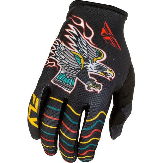 RUKAVICE LITE AMERICANA, FLY RACING - USA 2026 (ČERNÁ/ČERVENÁ/ZLATÁ)