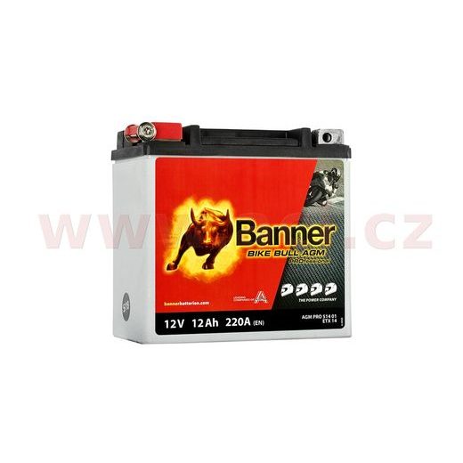 BATERIE 12V, YTX14-BS, 12AH, 220A, BANNER BIKE BULL AGM PRO 150X88X145