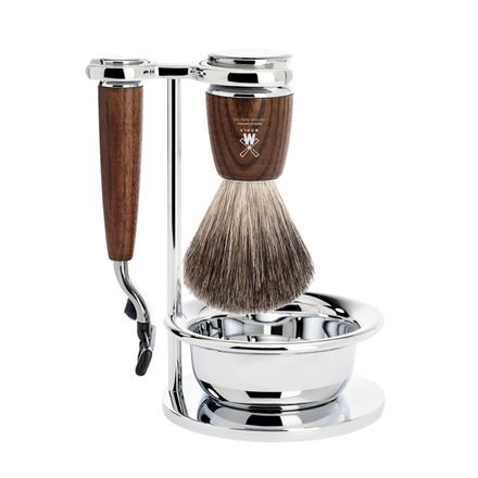 Комплект за бръснене Mühle RYTMO -стойка, паничка, машинка с Mach 3 главица, четка pure badger - ясен