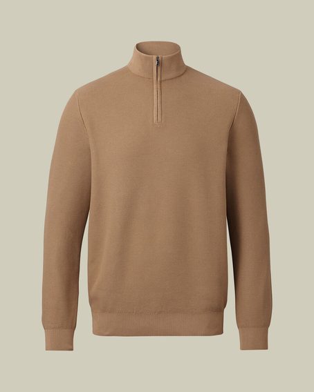 Charles Tyrwhitt Honeycomb Cotton Zip Neck Jumper — Camel