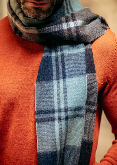 Joshua Ellis Modern Tartan Ripple Cashmere Scarf — Green x Blue x Rust