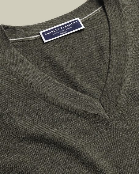 Charles Tyrwhitt Pure Merino V-Neck Jumper — Olive