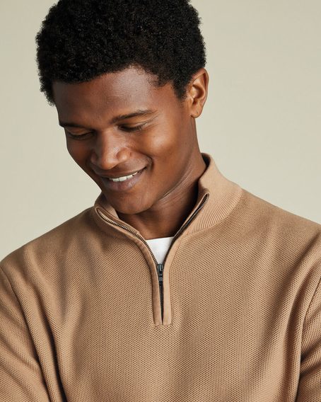 Charles Tyrwhitt Honeycomb Cotton Zip Neck Jumper — Camel