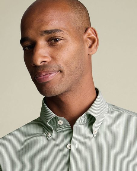 Charles Tyrwhitt Non-Iron Stretch Pinpoint Oxford Button-Down Shirt — Olive Stripe