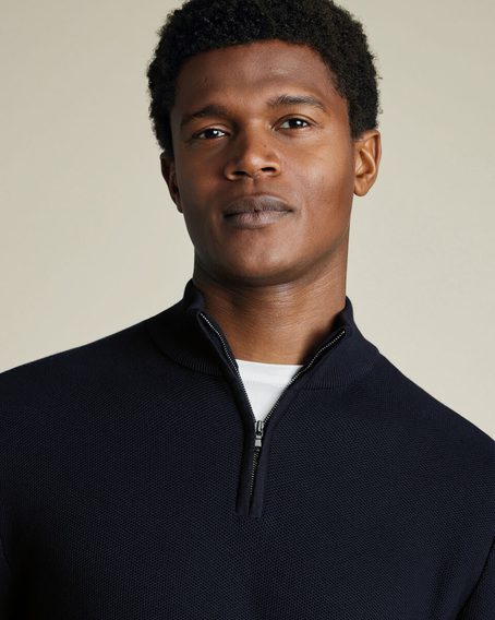 Charles Tyrwhitt Honeycomb Cotton Zip Neck Jumper — Navy