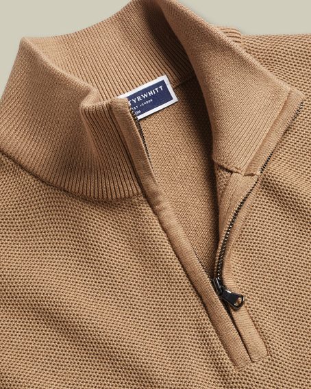 Charles Tyrwhitt Honeycomb Cotton Zip Neck Jumper — Camel