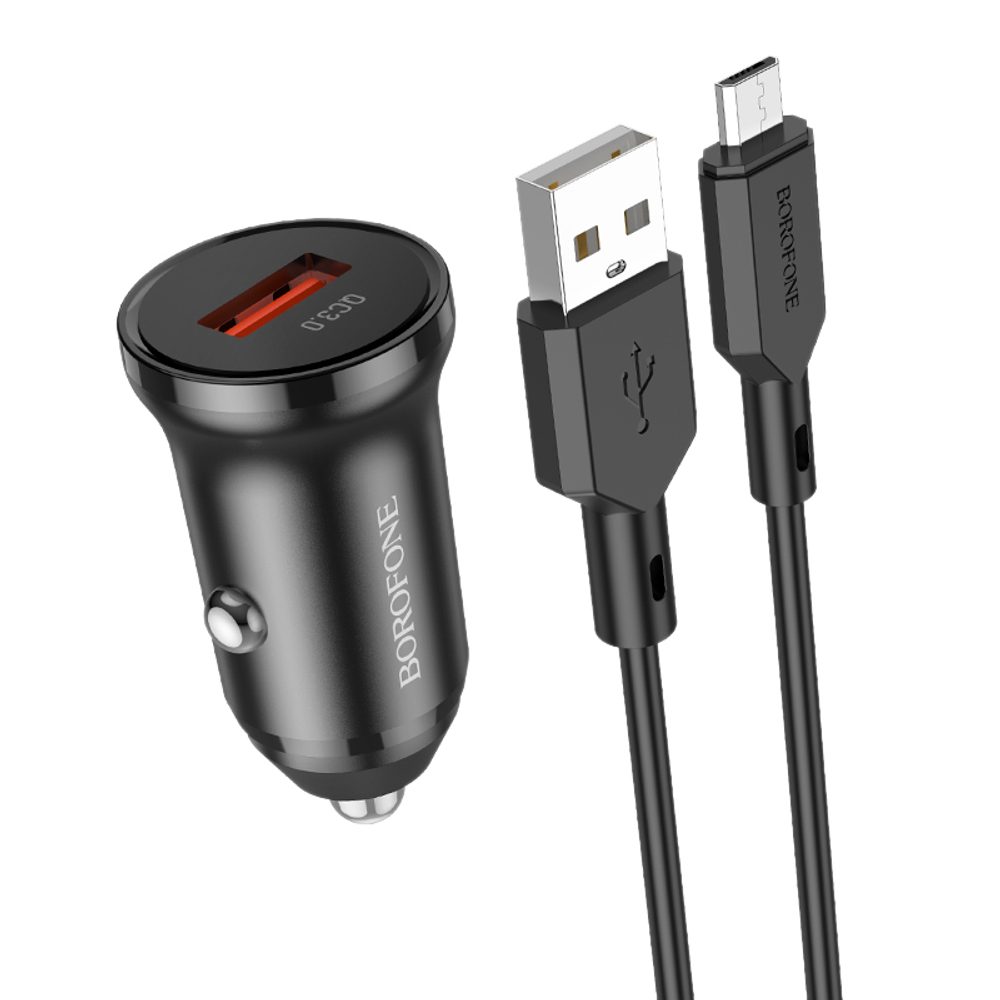 Borofone BZ18 Autós Töltő - USB - QC 3.0 18W Micro USB Kábellel, Fekete Színben