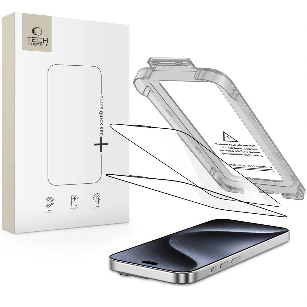 Levně Tech-Protect Tvrzené sklo Quick Set+, iPhone 15 Pro, černé, 2 kusy