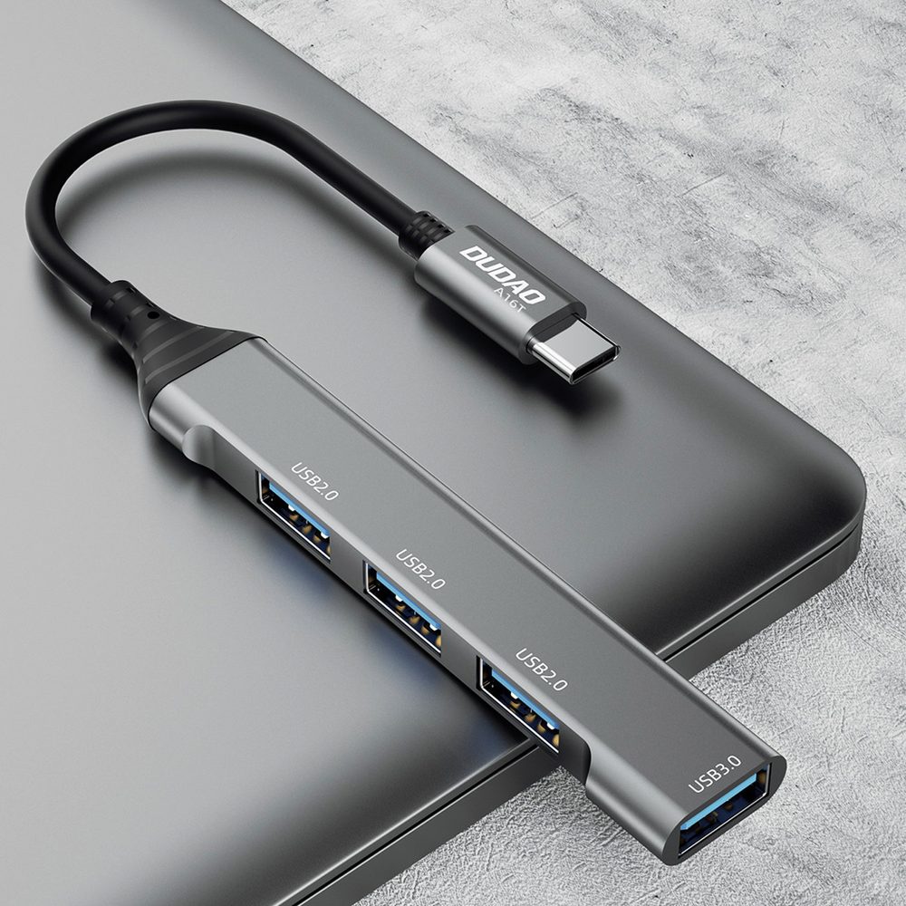 Dudao HUB A16T, 4v1, USB-C - 4x USB-A (3x USB2.0 / USB3.0), 6,3 Cm, čierny