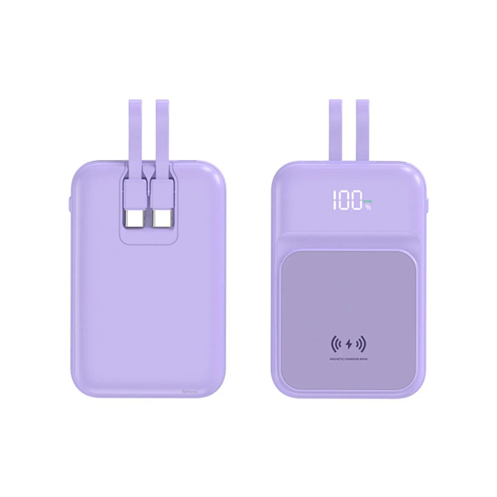 Vezeték nélküli Powerbank 2 beépített kábellel, 10000mAh, USB-C + Lightning, 15W, lila