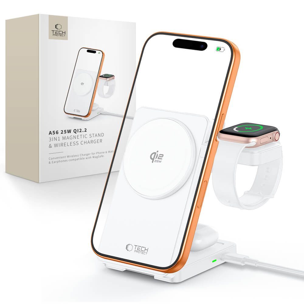 Tech-Protect A56 3în1 încărcător wireless MagSafe, 25 W, Qi2.2, alb