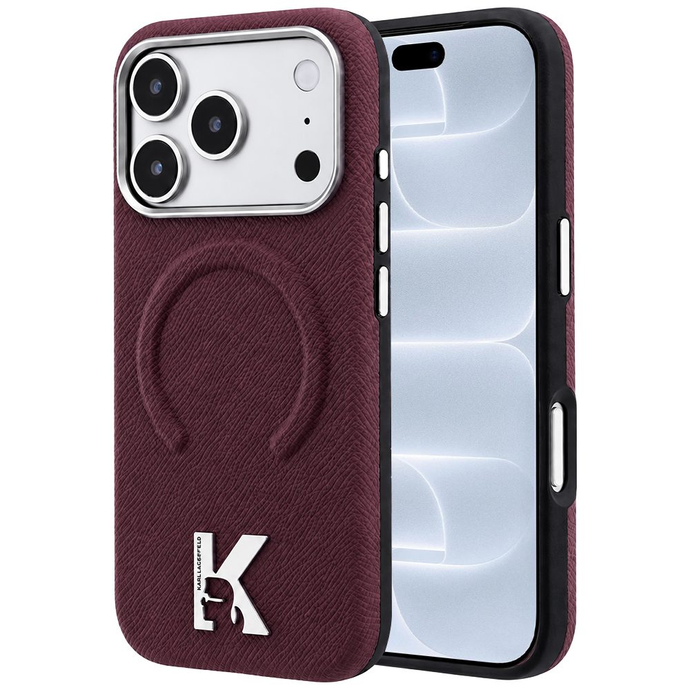 Karl Lagerfeld Grained Leather Embossed Ring MagSafe zaštitna maska, iPhone 17 Pro / 18 Pro, bordo