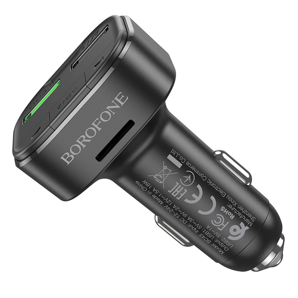 Borofone BC43 FM Transmiter Flash MP3, Bluetooth, 2x USB + MicroSD, QC 3.0, 18W, Crni