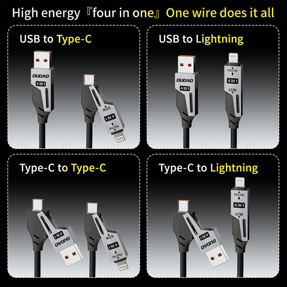 Dudao L20 Pro kábel 4v1 USB-A / USB-C - Lightning / USB-C, čierny