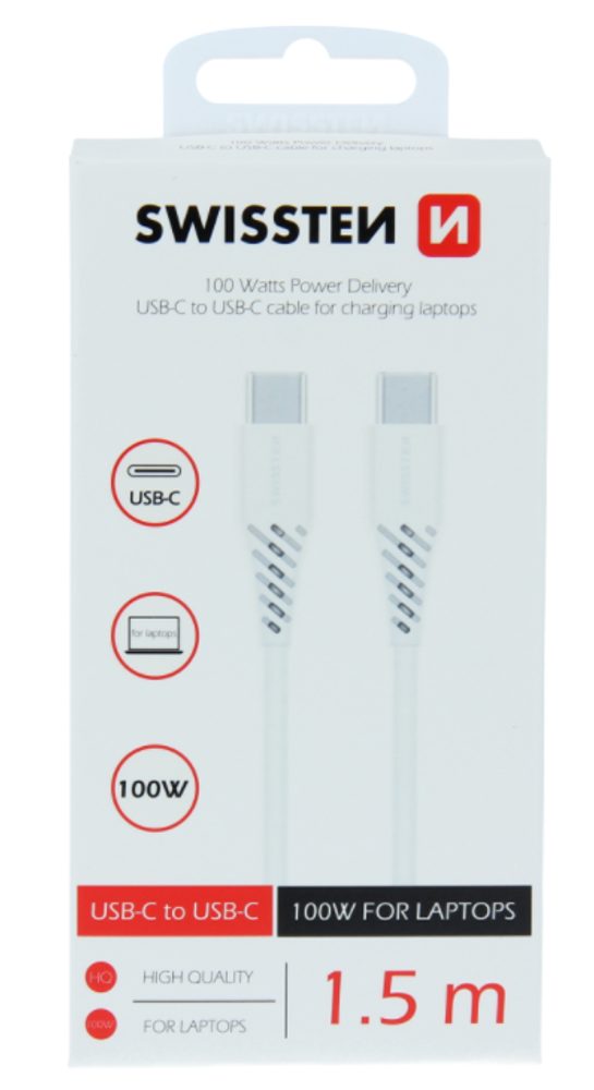 Swissten TPE Adatkábel, USB-C / USB-C, 5A (100W), 1.5m, Fehér