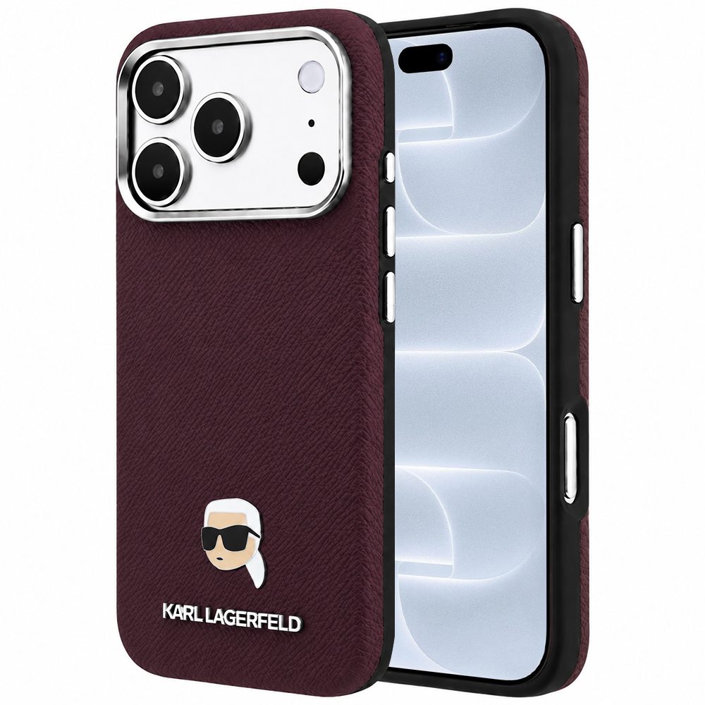 Karl Lagerfeld Grained Leather KH Metal MagSafe zaštitna maska, iPhone 17 Pro / 18 Pro, bordo