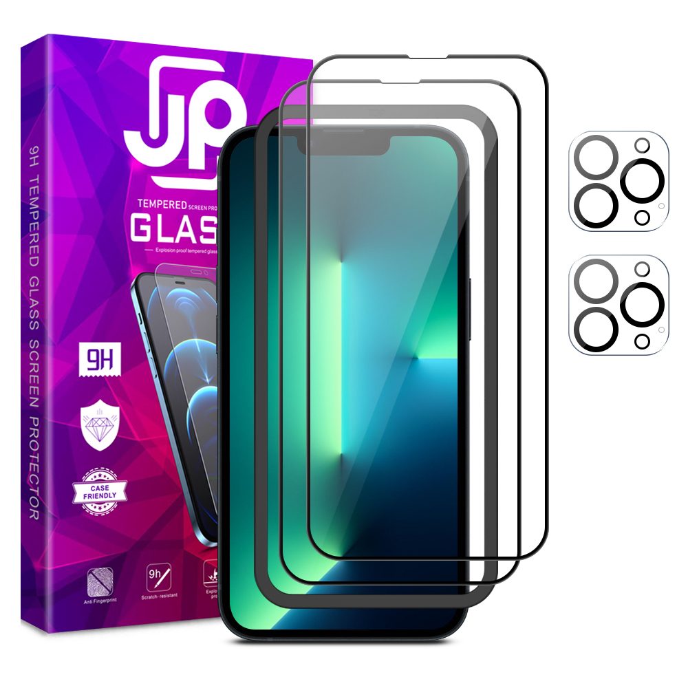 JP Full Pack Tvrdených Skiel, 2x 3D Sklo S Aplikátorom + 2x Sklo Na šošovku, IPhone 13 Pro