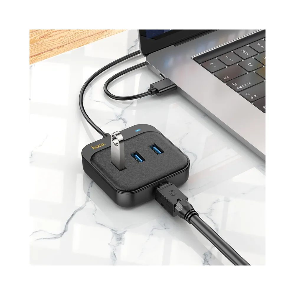 Hoco Adaptér HUB 4v1 USB Na 3x USB3.0 + RJ45, Gigabit Ethernet, 1,2 M, černý (HB35)