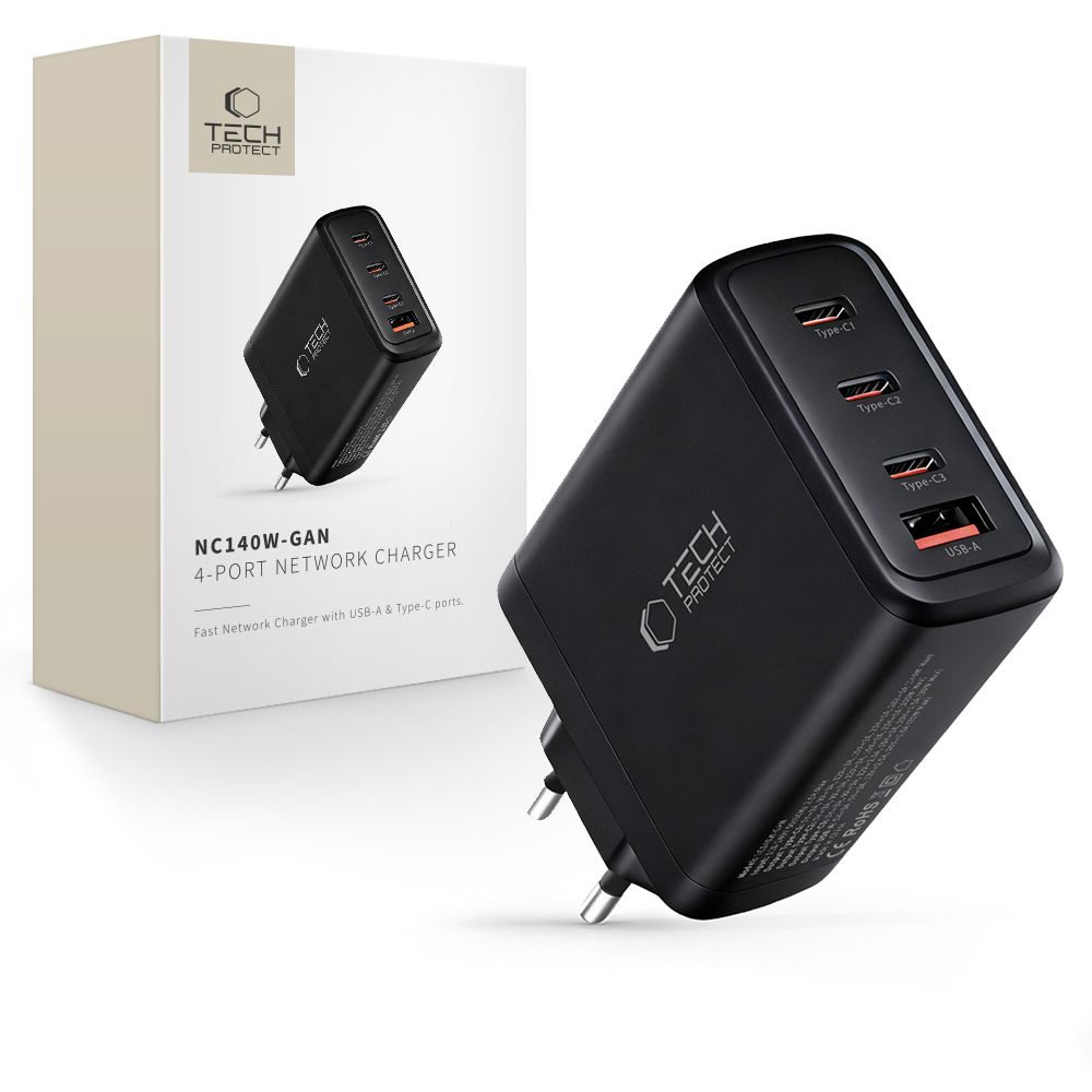 Levně Tech-Protect NC140W-GAN 4-portová nabíječka PD 140W / QC3.0, černá