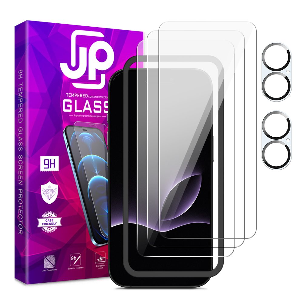 JP Mega Pack edzett üveg, 3 telefon üveg applikátorral + 2 lencsevédő üveg, iPhone 17