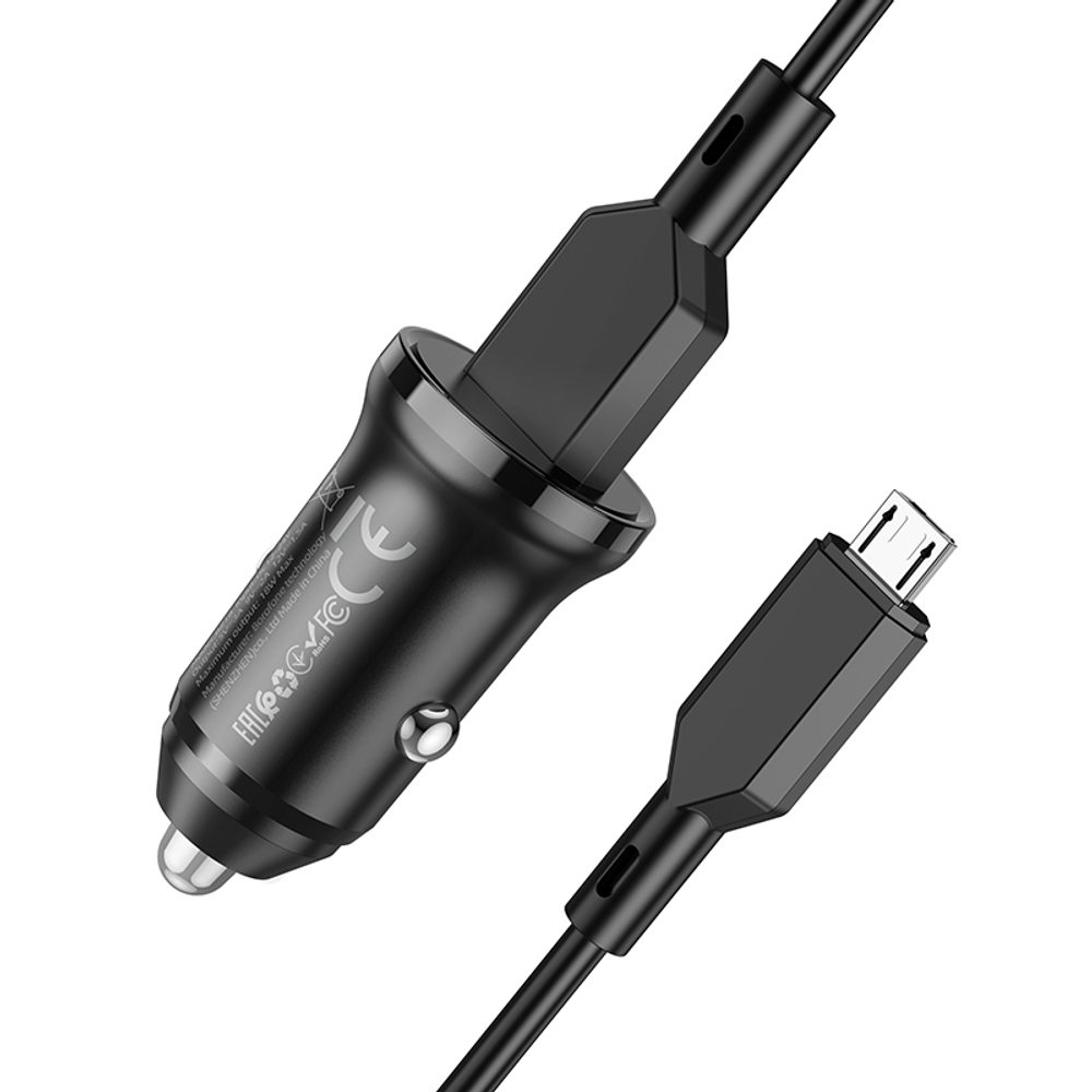 Borofone BZ18 Polnilec Za Avto - USB - QC 3.0 18W Z Mikro USB Kablom, črne Barve