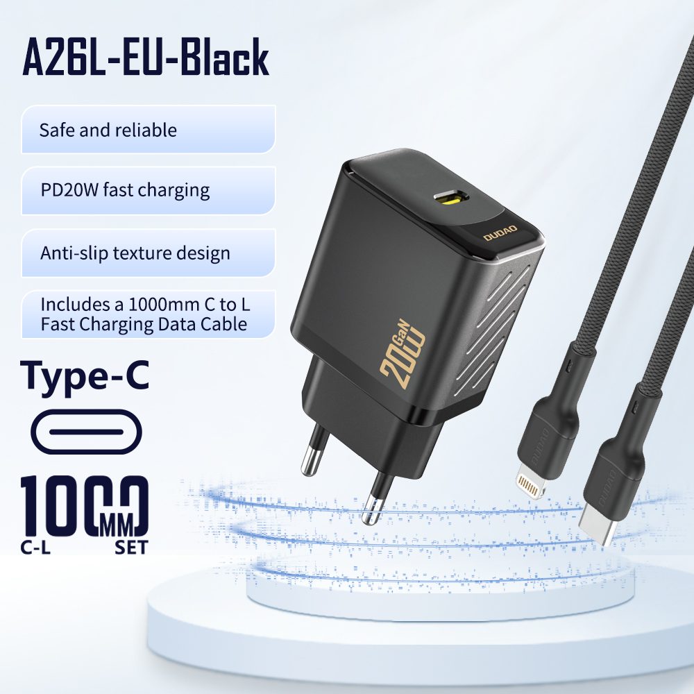 Dudao A26LEU nabíjačka USB-C + kábel USB-C - Lightning, PD 20W GaN, čierna