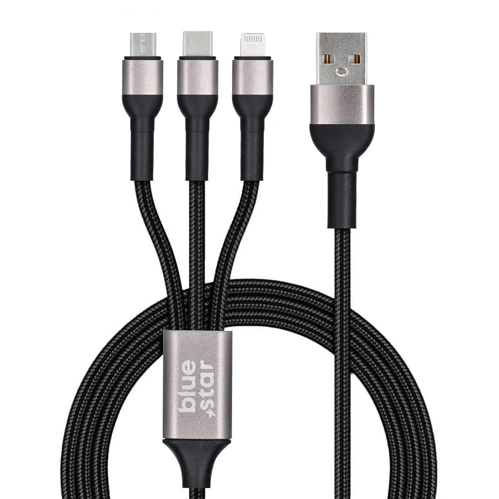 BlueStar kábel 3az1-ben USB-A - Lightning / Micro USB / USB-C 1,2 m, fekete