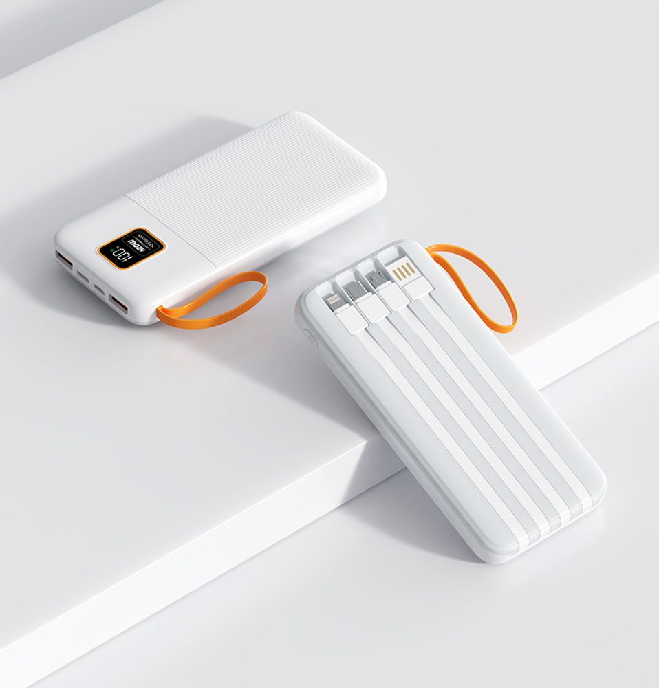 Powerbanka 20000mAh so 4 vstavanými káblami, 2x USB-A, 1x USB-C, PD 22,5 W, QC 3.0, LED displej, biela