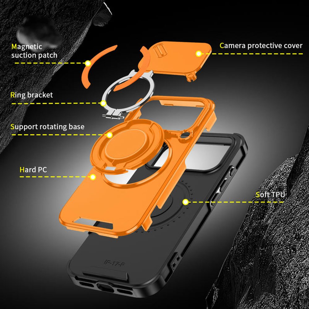Camslide Stand obal, iPhone 17 Pro, oranžový