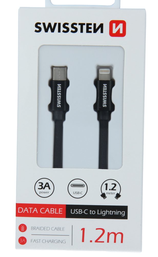 Swissten Adatkábel, Textil, USB-C / Lightning, 1.2m, Fekete