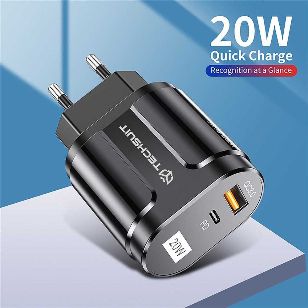 Techsuit Premium Za Pritrditev Na Steno Polnilnik CHPD038, USB-A, USB-C, QC 3.0, 20W, črna