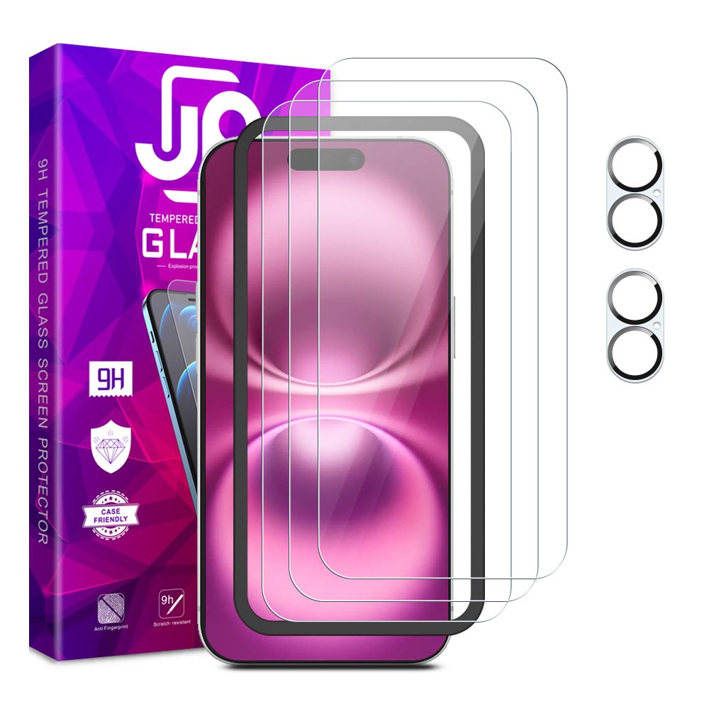 Levně JP Mega Pack Tvrzených skel, 3 skla na telefon s aplikátorem + 2 skla na čočku, iPhone 16